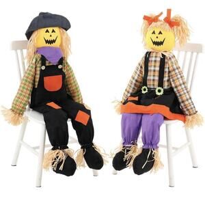 Set of 2 Halloween Sitting Scarecrows 5 Ft New